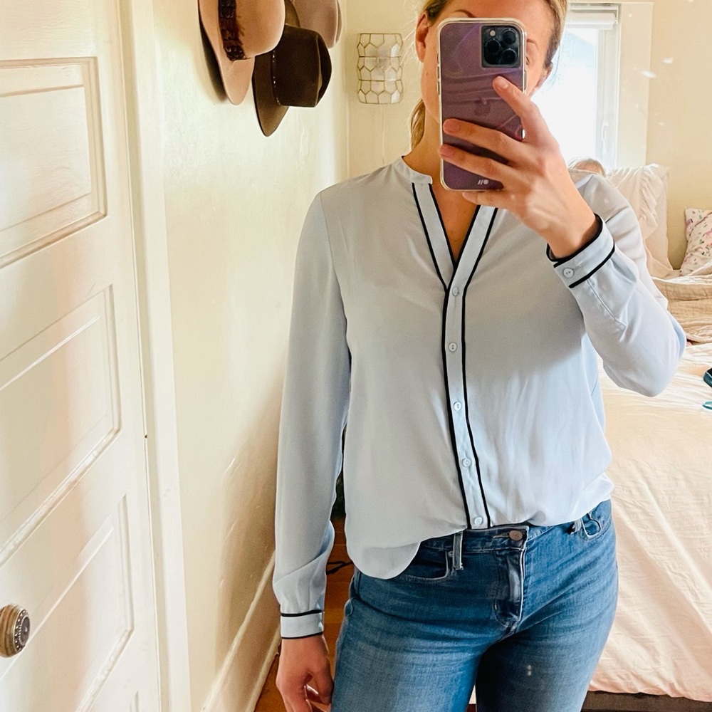 Powder Blue Blouse w Navy Piping